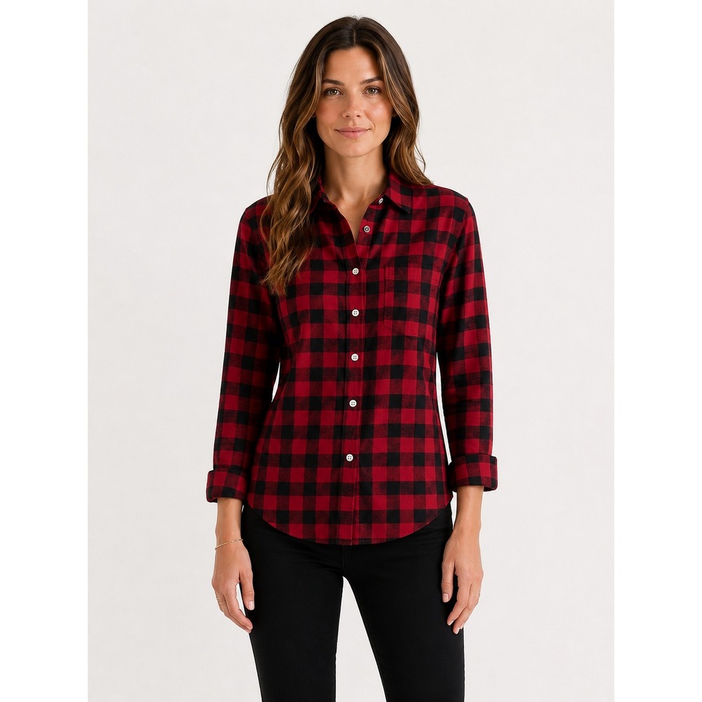J Crew Shirt Women's XS‎ Red Black Buffalo Plaid Button Up Long Sleeve Cotton